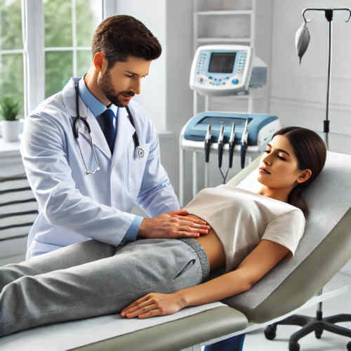 Foto einer Patientenbehandlung, Arzt tastet Bauch bei Blasenentzündung ab