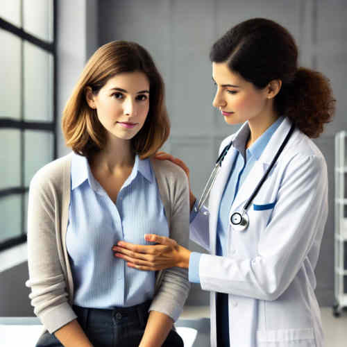Foto einer Patientenbehandlung, Gynäkologin tastet Patientin ab